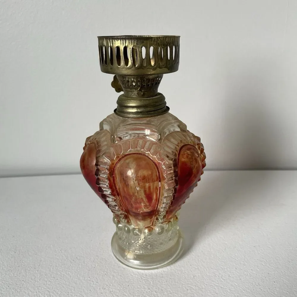 Vintage Antique Glass Oil Lamp Base Clear Red Brown Made in Hong Kong Glassware